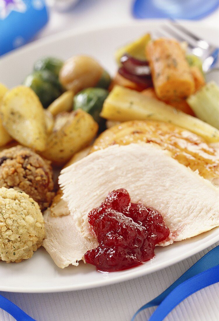 Turkey slices with cranberries & various accompaniments
