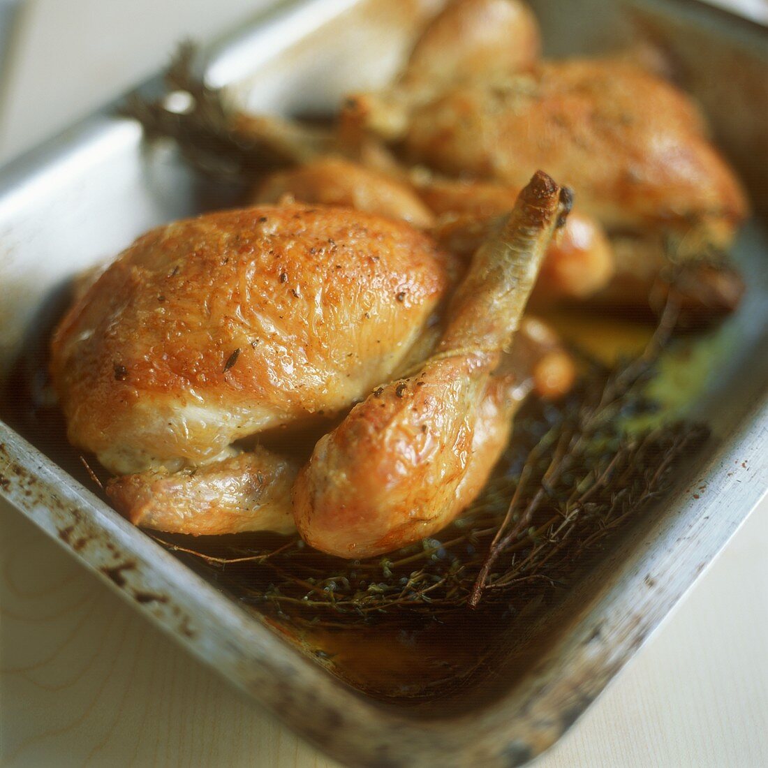 Roast quail with thyme in a roasting dish