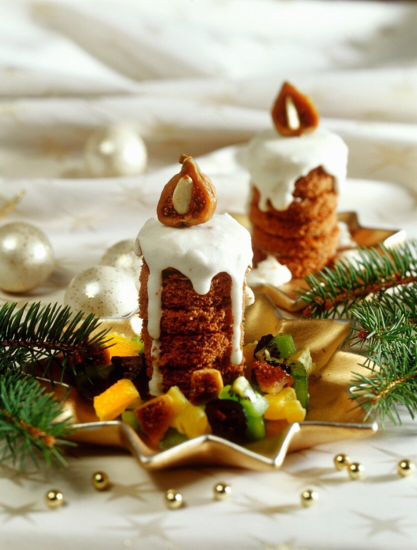 Fancies in shape of candles, with candied fruit