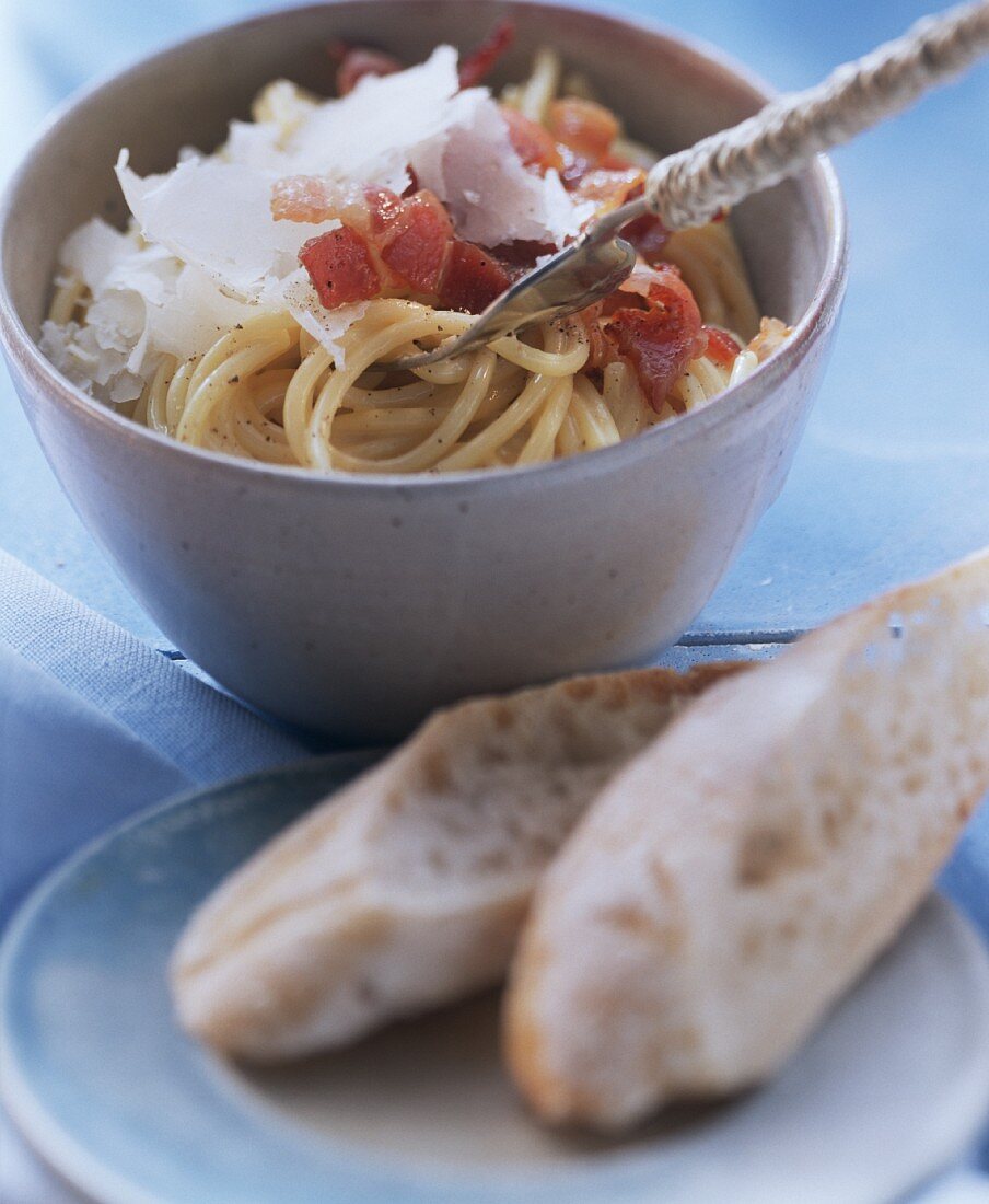 Spaghetti carbonara with parmesan