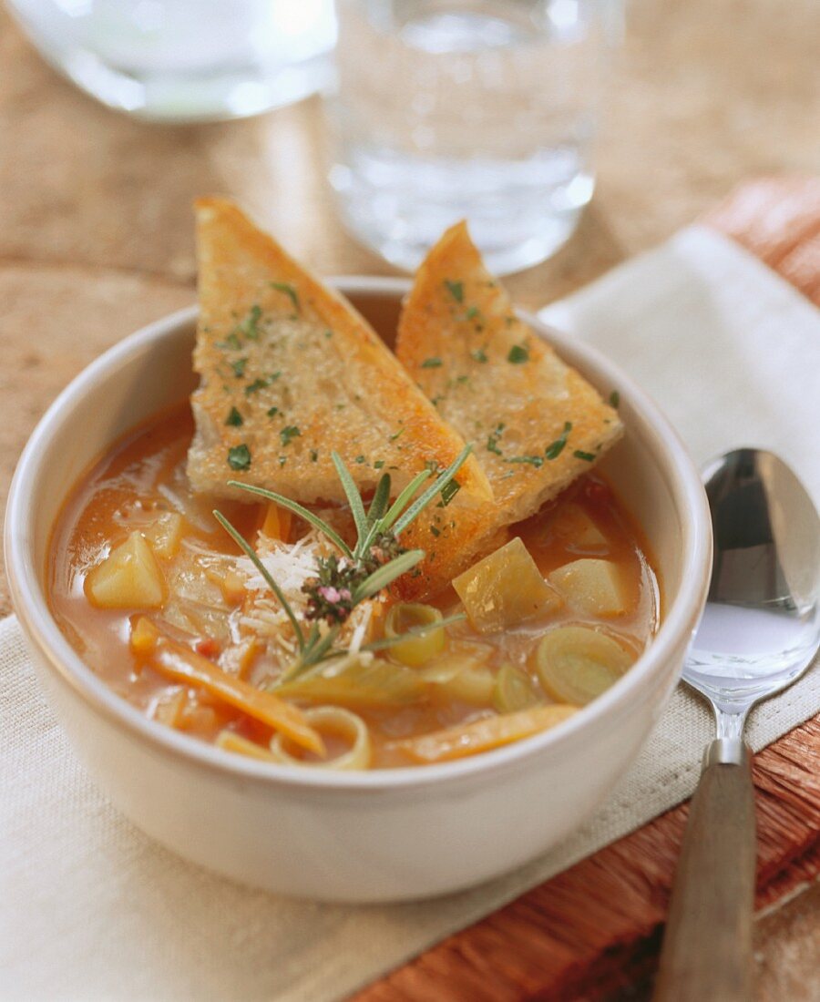 Minestrone primavera (Vegetable soup with toast, Italy)