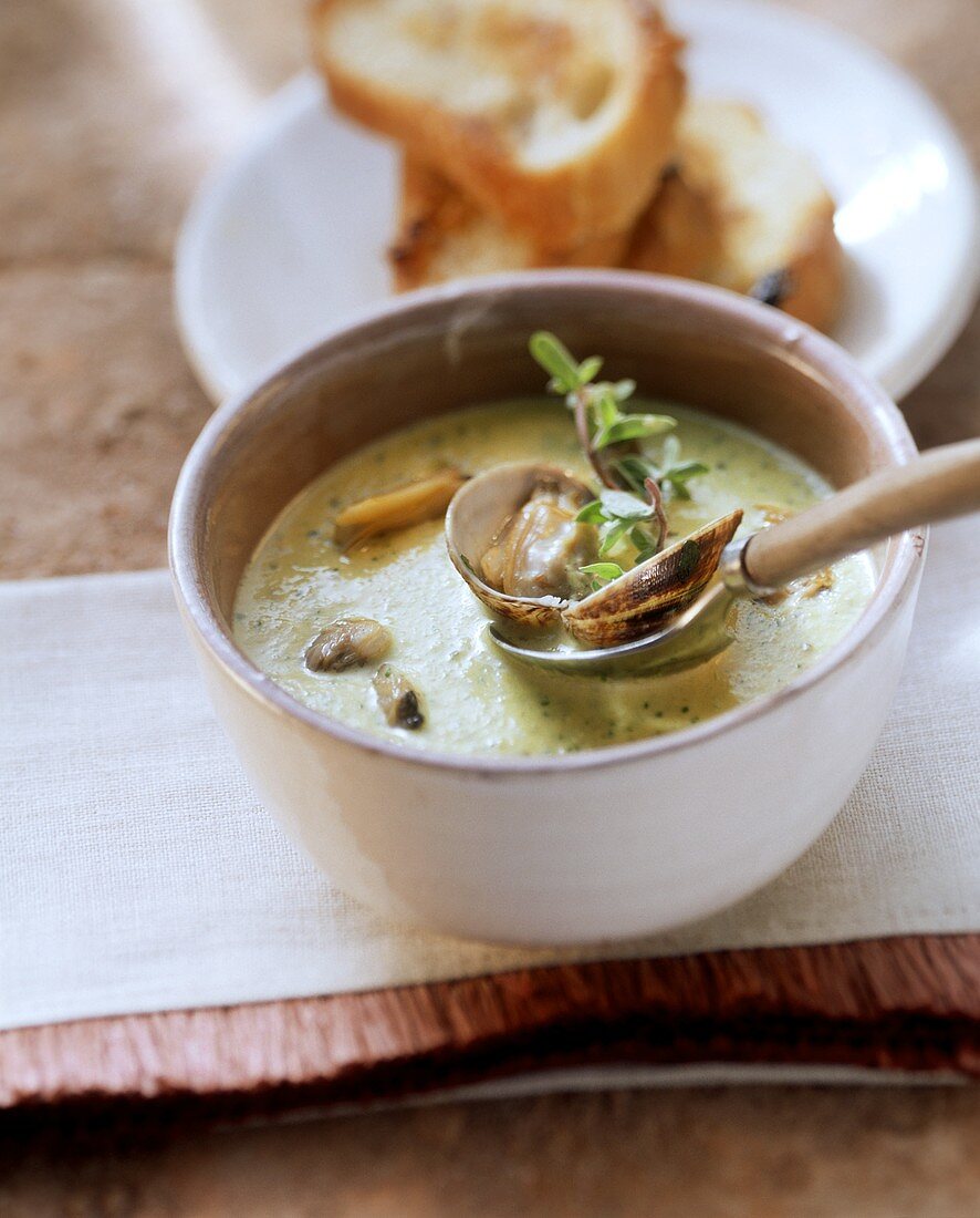 Creamy mussel soup with marjoram