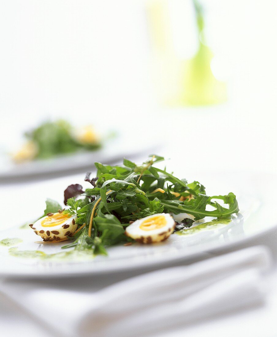 Rocket salad with herb sauce and quail's eggs