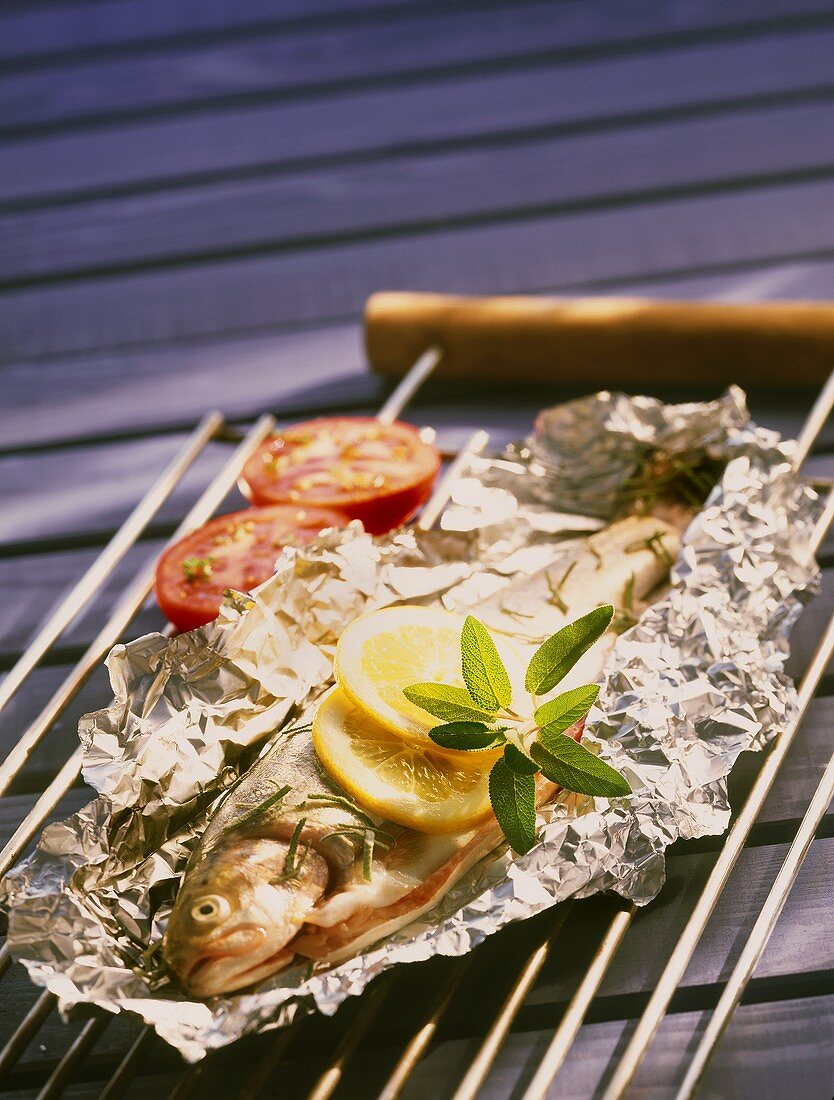 Trout on aluminium foil before grilling