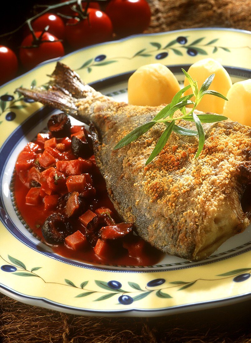 Grilled carp in bread coating, with tomato and olive sauce