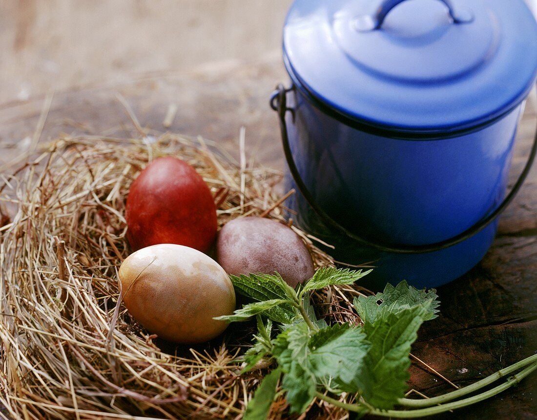 Gefärbte Eier im Strohnest; blaue Milchkanne