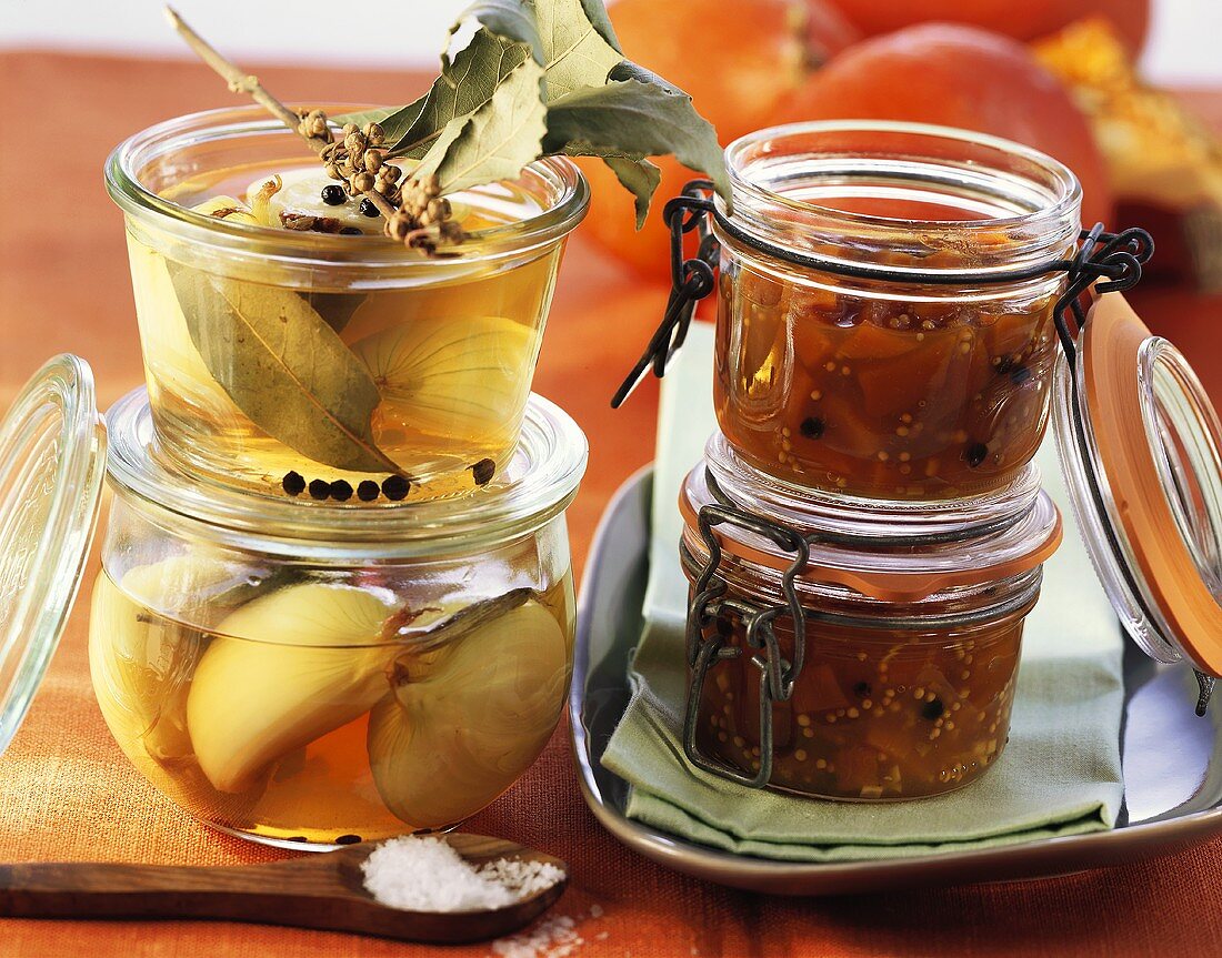 Sherry onions and pumpkin with ginger in preserving jars
