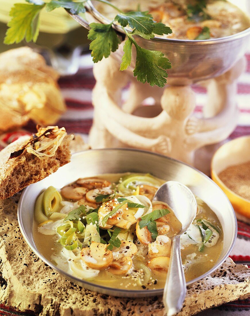 Lauchsuppe mit Champignons und Petersilie