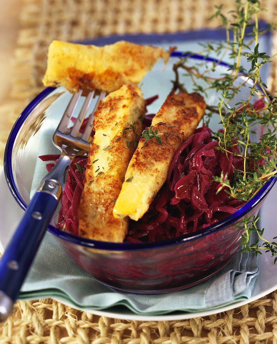 Strips of Lopino (lupin tofu) in batter with red cabbage
