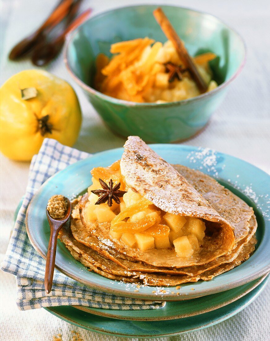 Sesame pancakes with quince compote