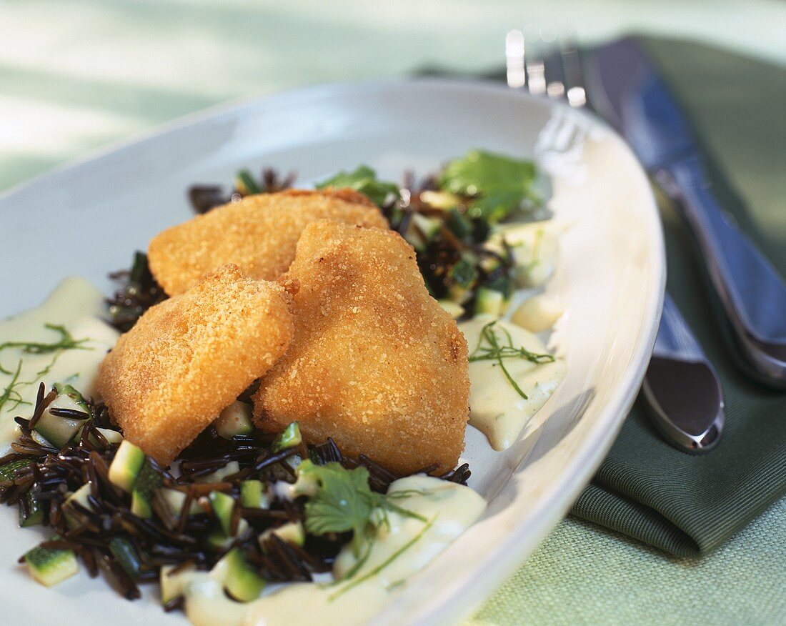 Panierte Kohlrabischnitzel auf Wildreis mit Kräutersauce