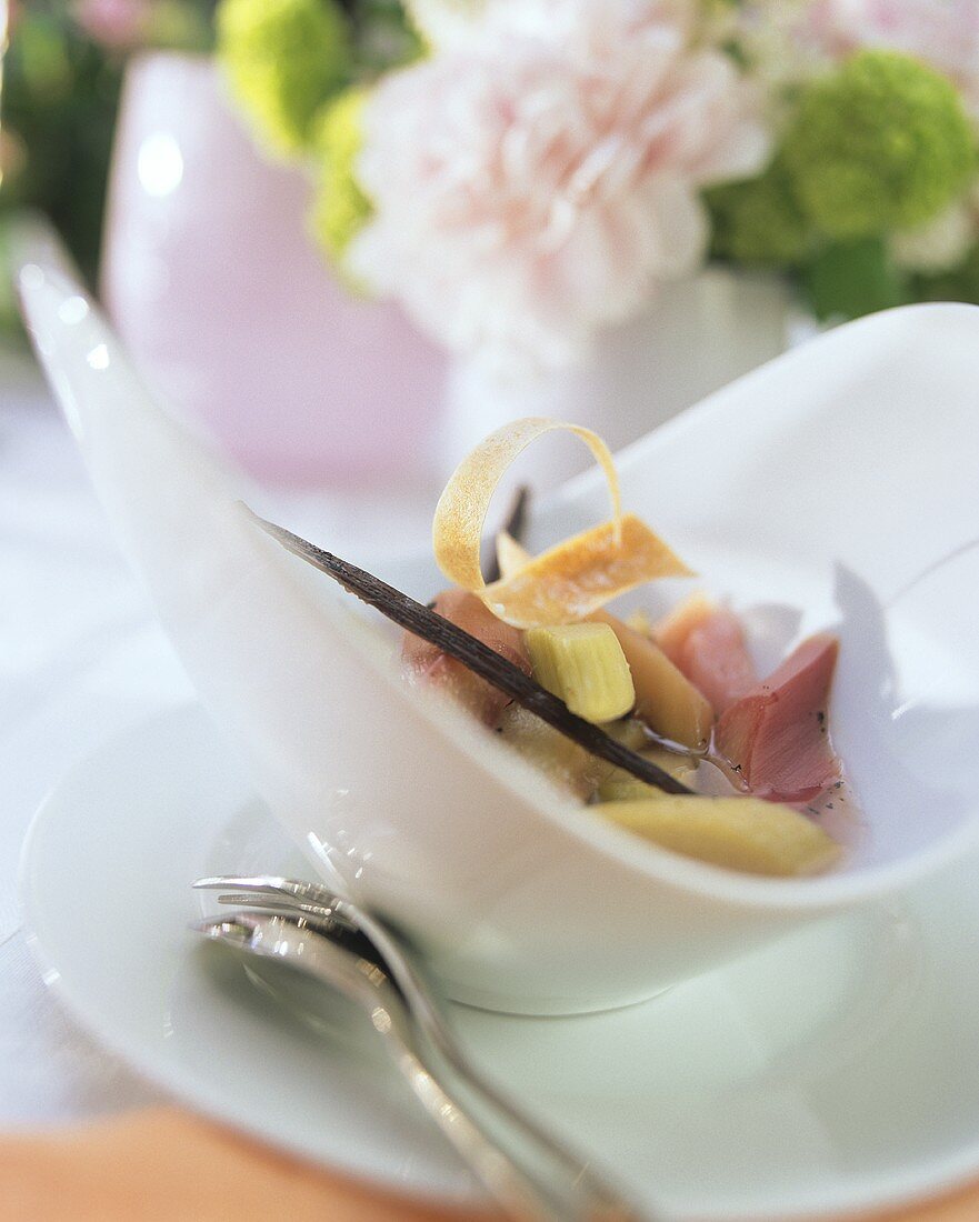 Rhubarb compote with vanilla  in white bowl