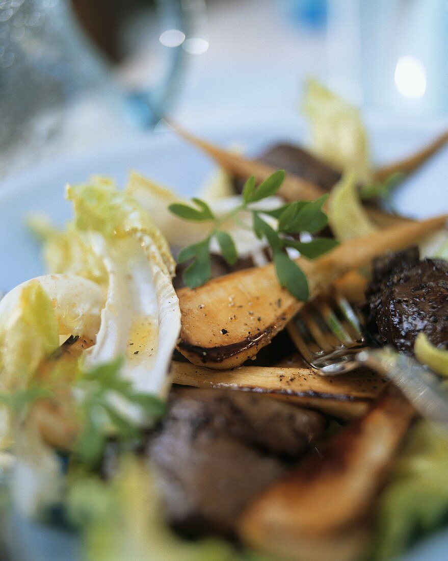 Parsnip salad with roasted chicken liver