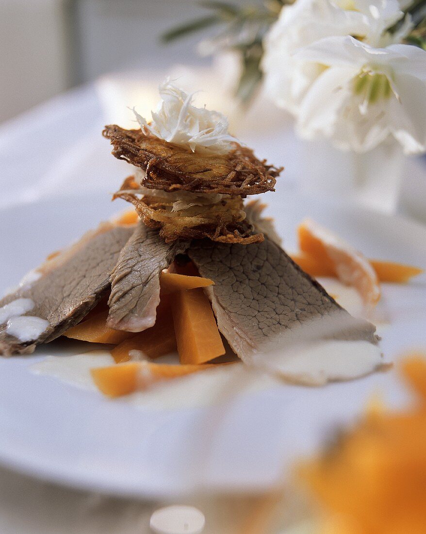 Boiled beef with pumpkin, rosti and horseradish sauce