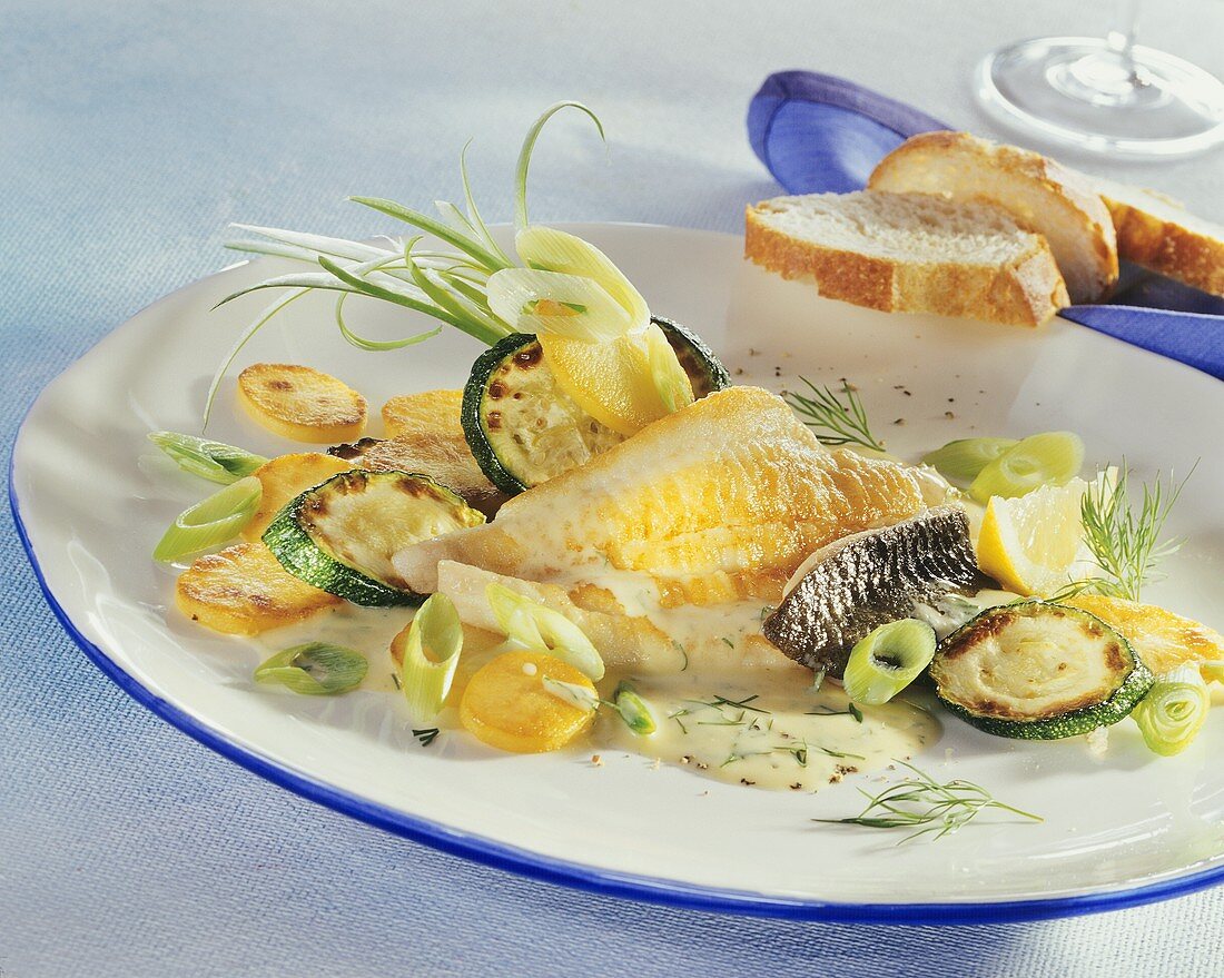 Fried plaice fillet with courgettes in dill sauce