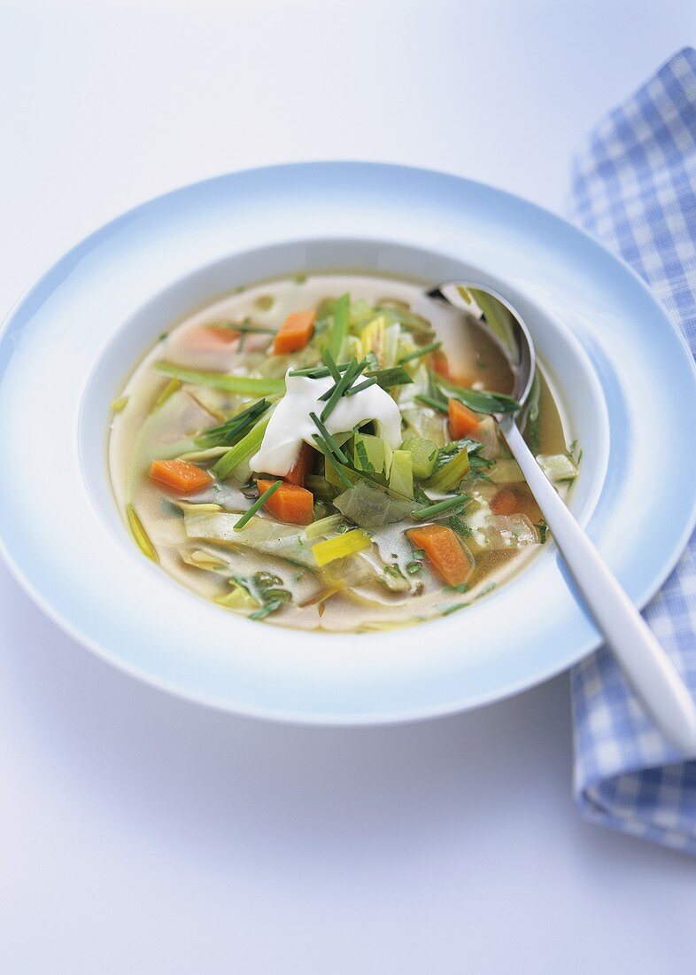 Vegetable soup with blob of crème fraiche from Provence