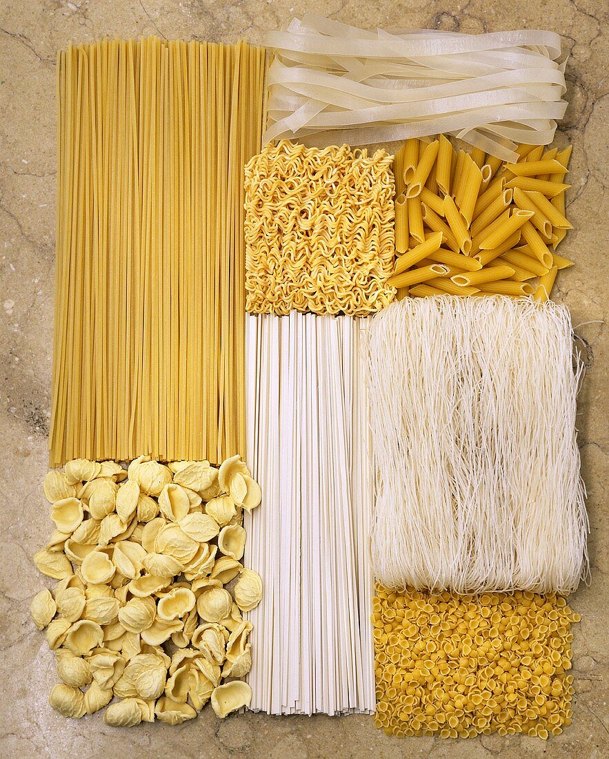 Various types of pasta arranged in a rectangle