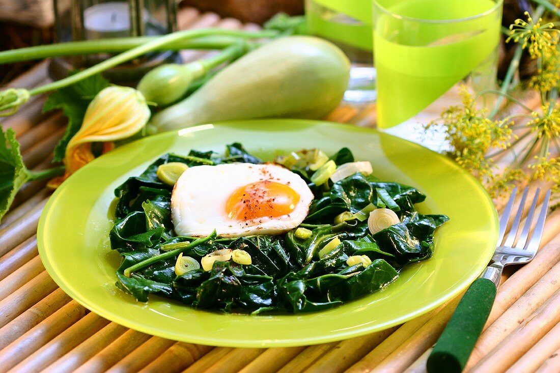 Spinach with fried egg