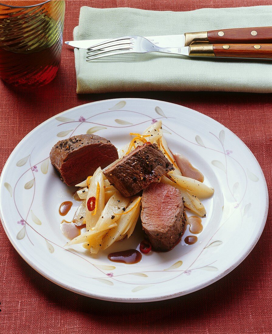 Venison fillet with white asparagus, chili and coffee