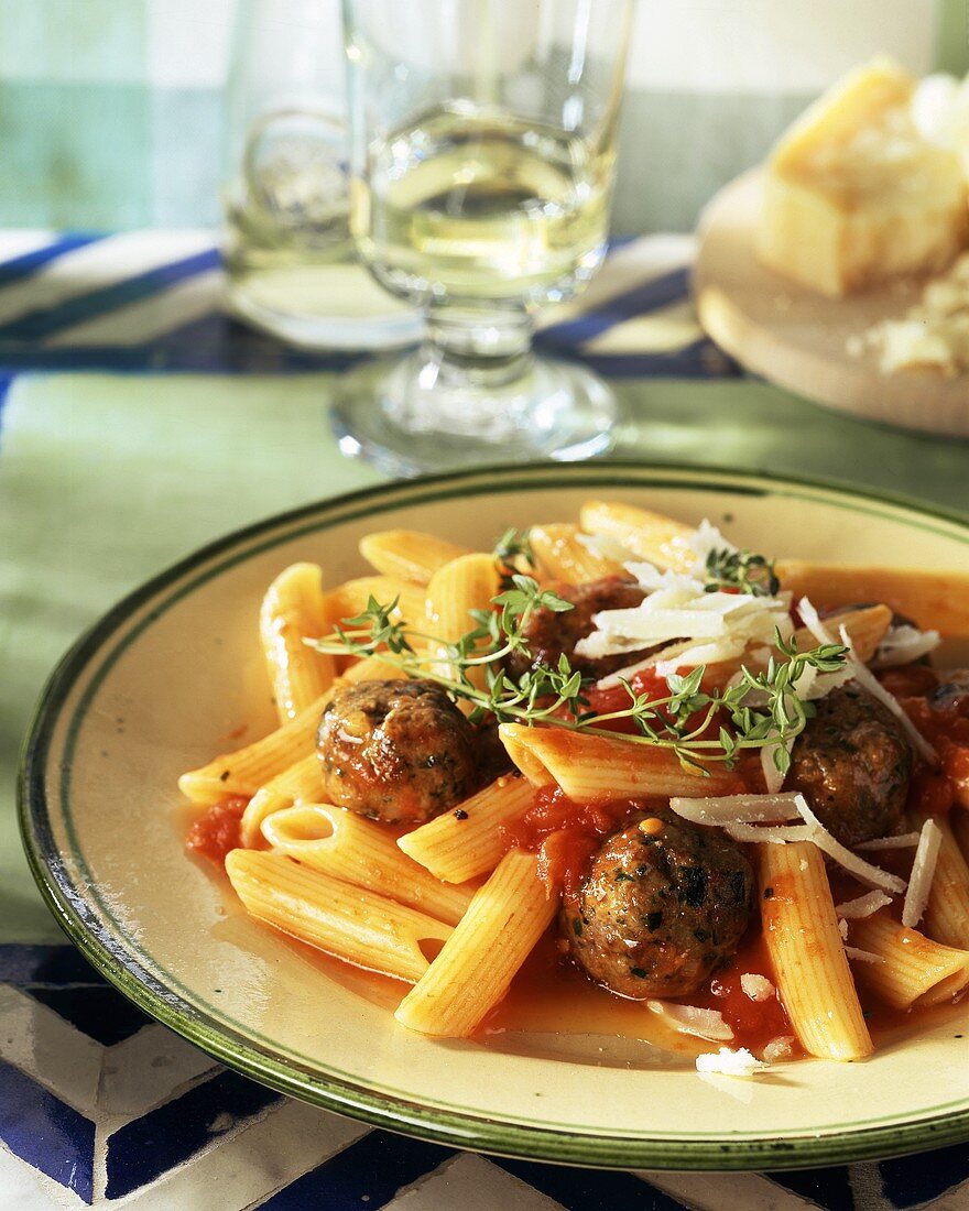 Penne with meatballs and tomato sauce