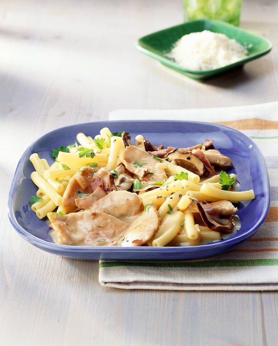 Macaroni with finely-chopped turkey and mushrooms