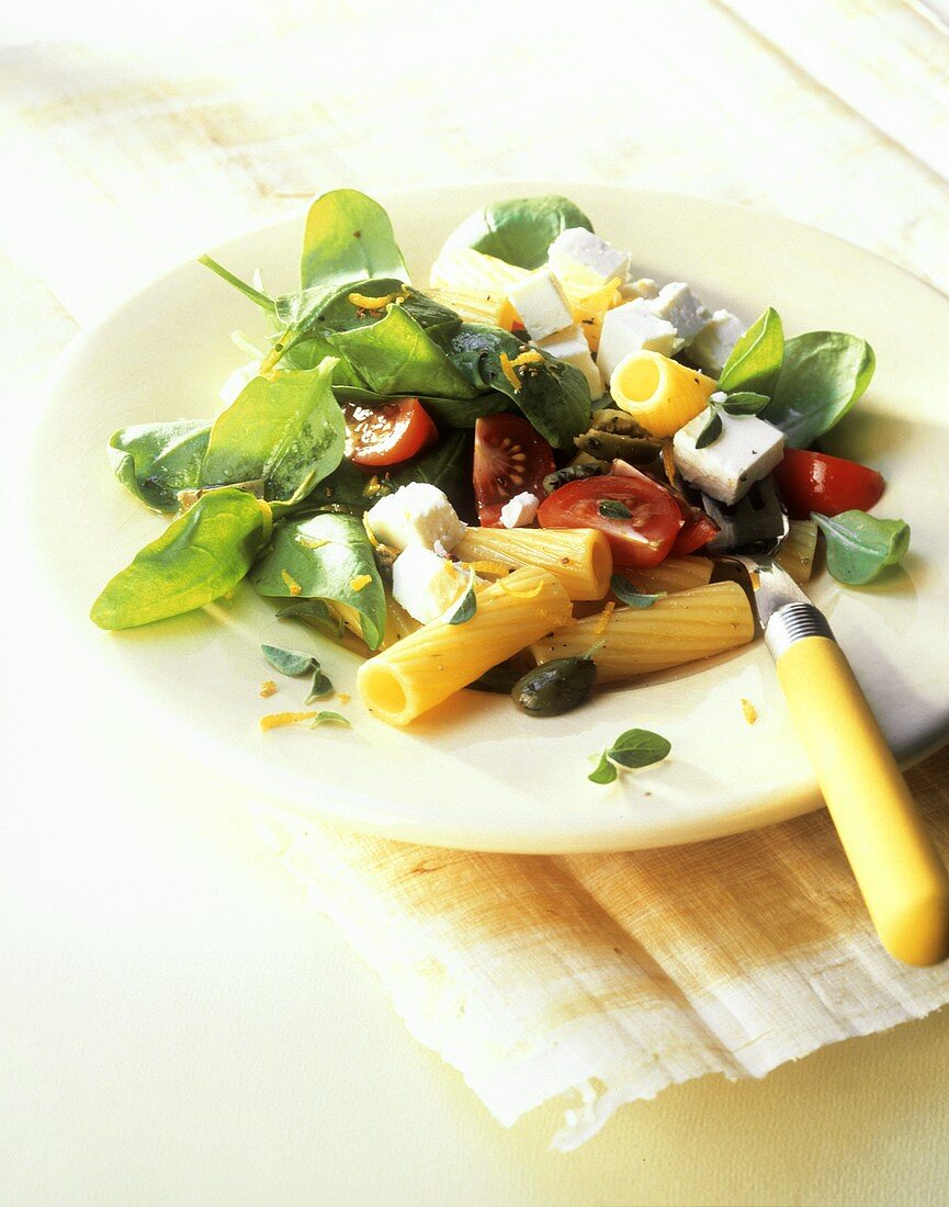 Pasta salad with fresh spinach