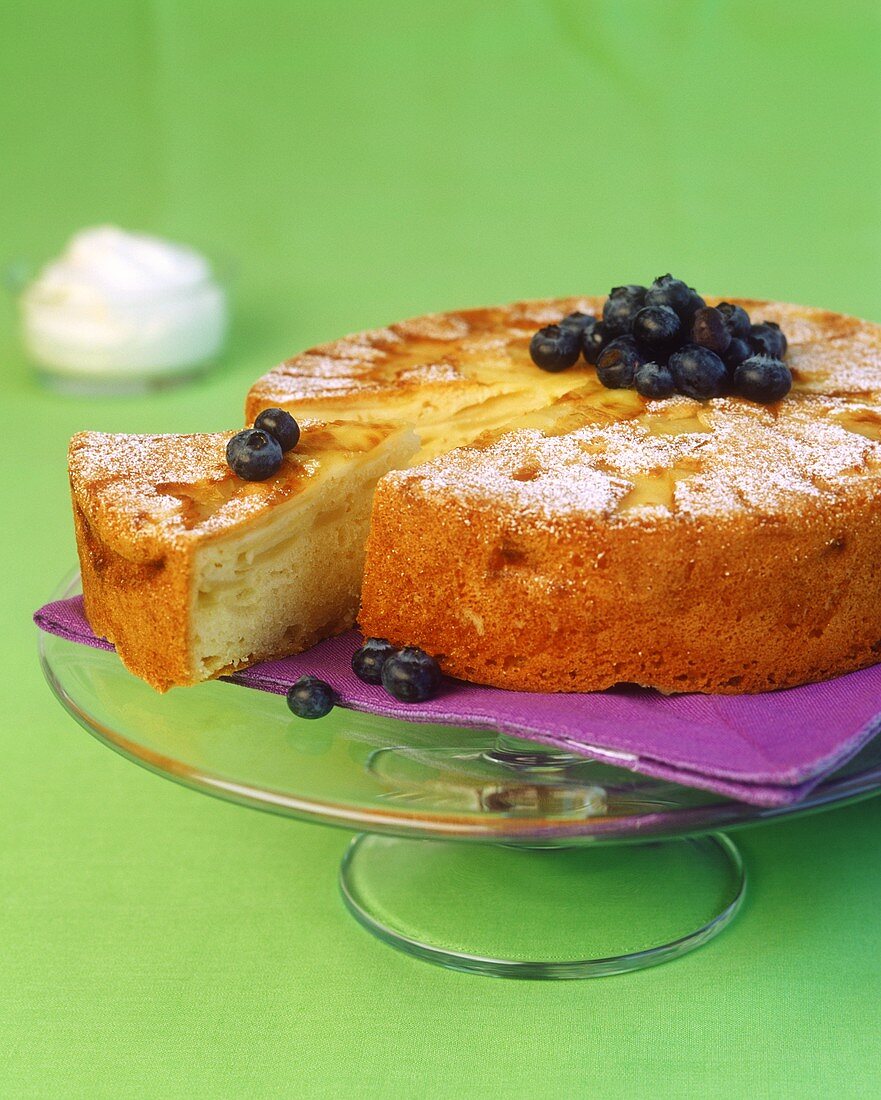 Apple cake, decorated with blueberries