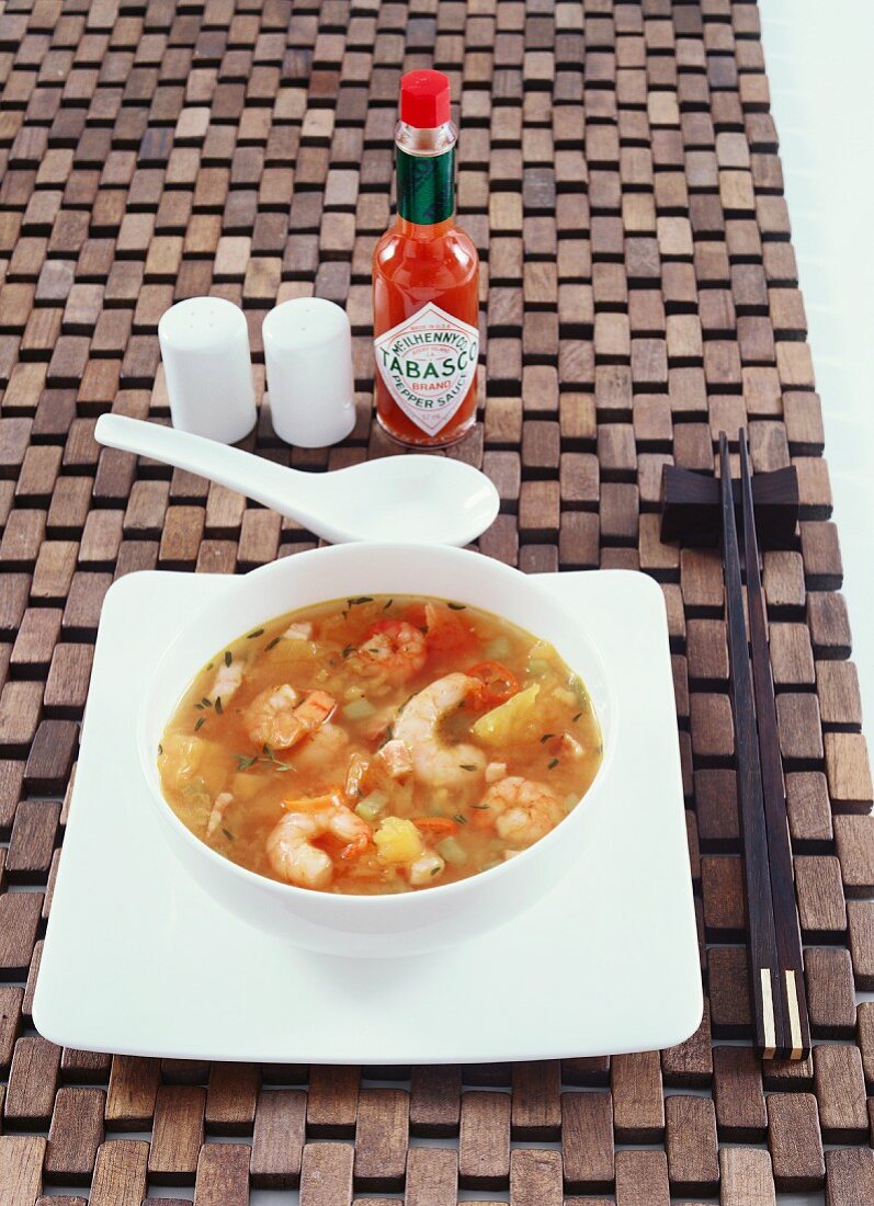 Shrimp soup with sweet potatoes and pumpkin