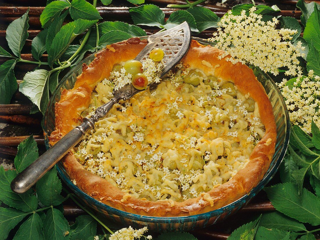 Gooseberry tart with elderflowers