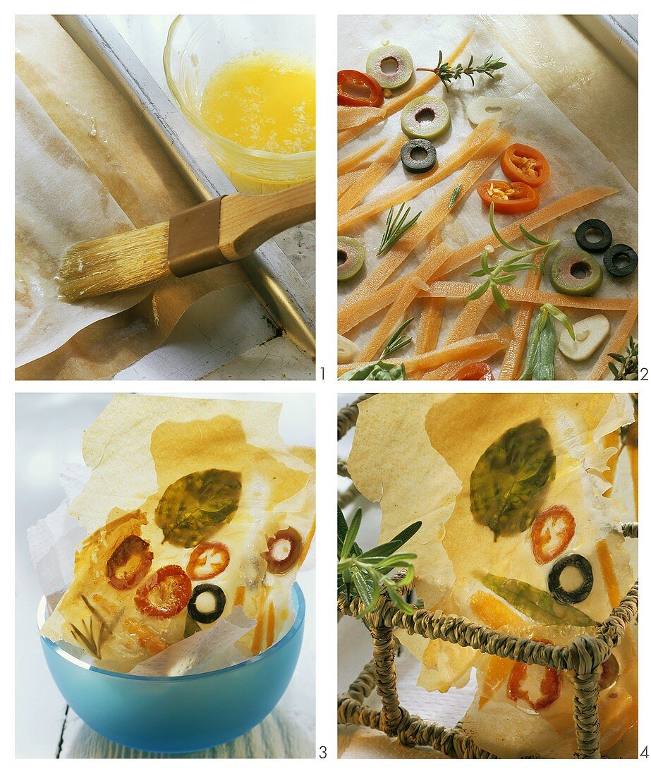 Spreading vegetable slices on filo pastry