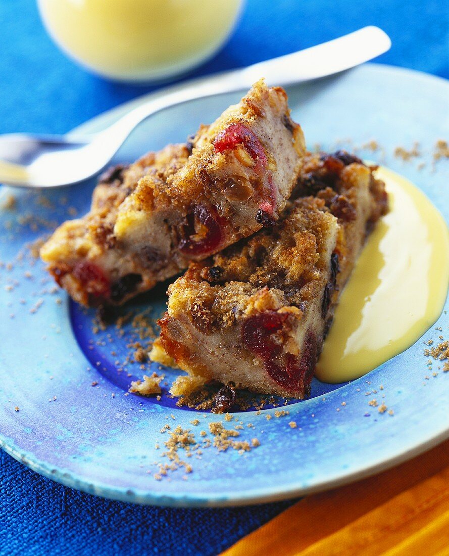 Dried fruit crumble on custard