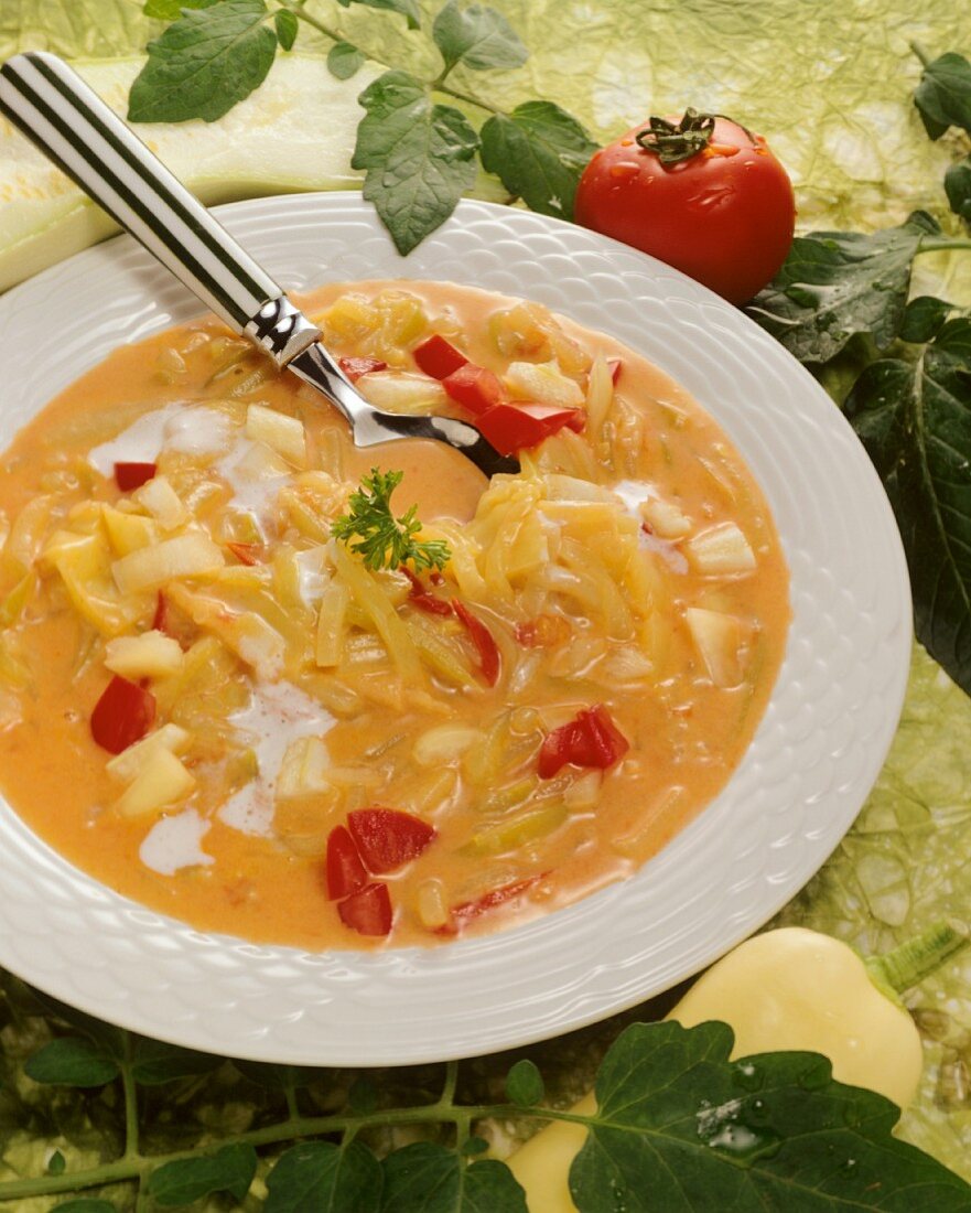 Kürbissuppe mit Paprika, Tomaten, und Zwiebeln