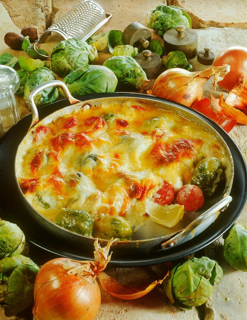Brussels sprout gratin with onions and sausage