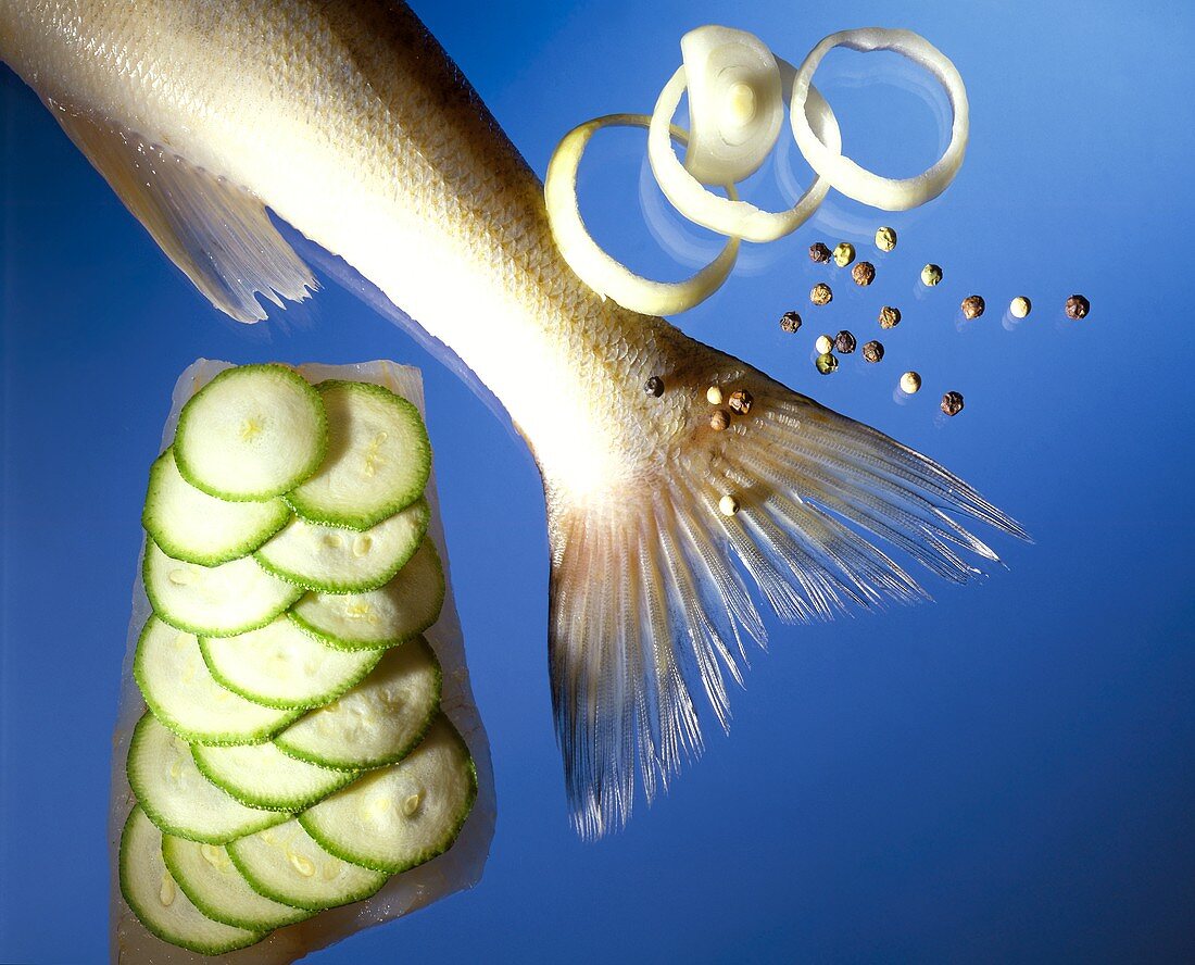 Tail fin of a pike-perch, onion rings and courgette slices