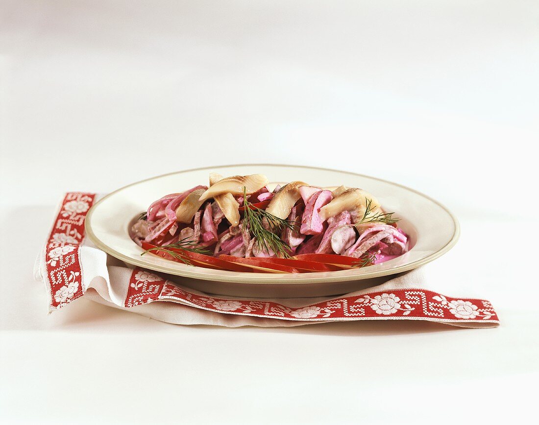 Rossolje (herring salad with meat and beetroot, Estonia)