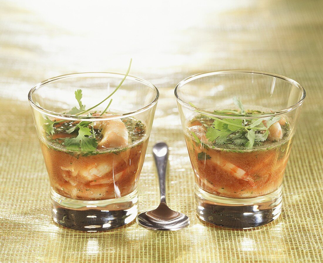 Shrimps in tomato aspic with coriander leaves