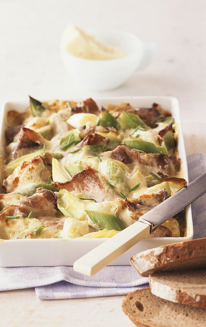 Cheese and leek bake with roast pork