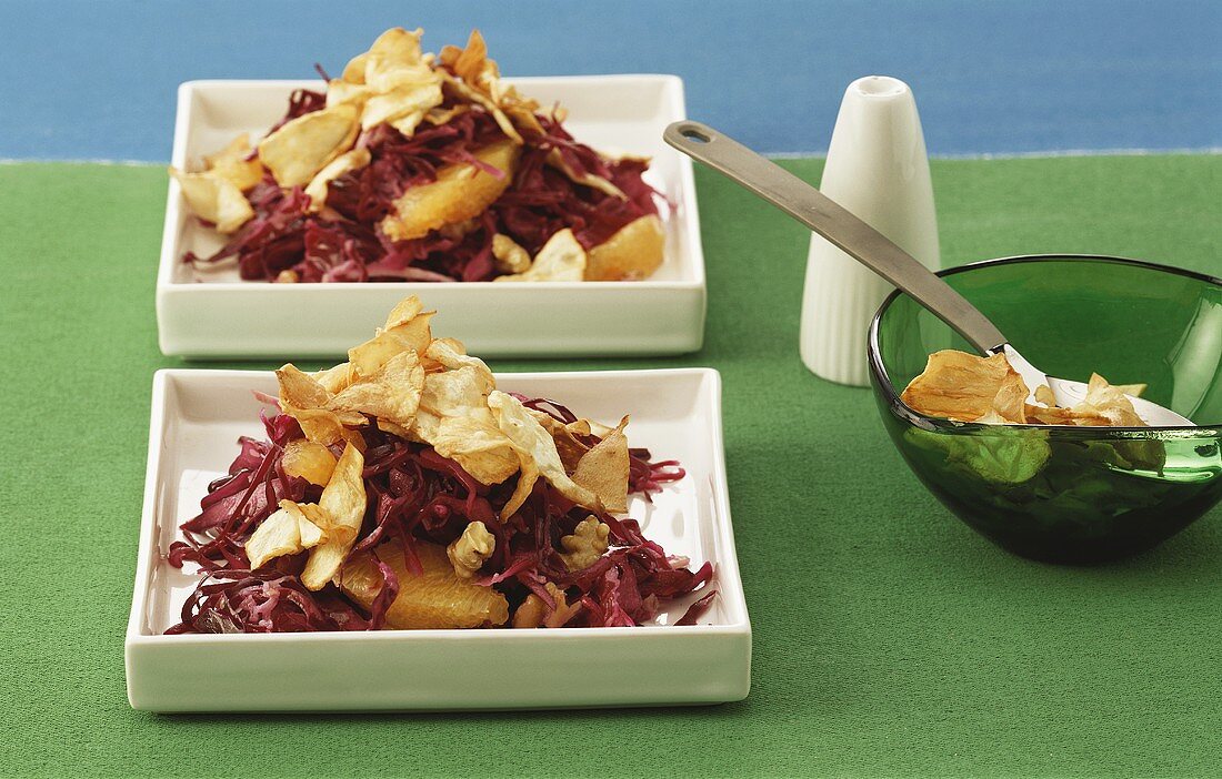 Red cabbage salad with celery crisps