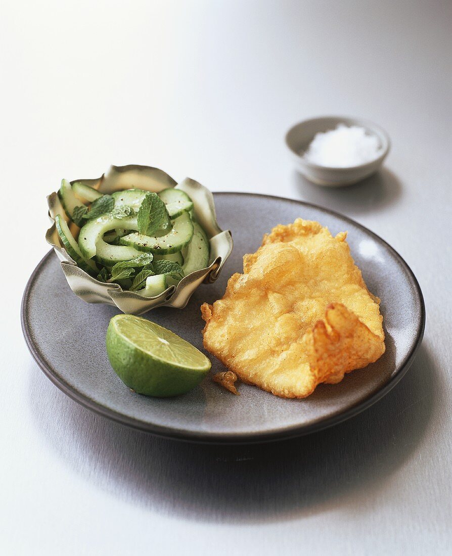 Haddock fried in batter with cucumber salad