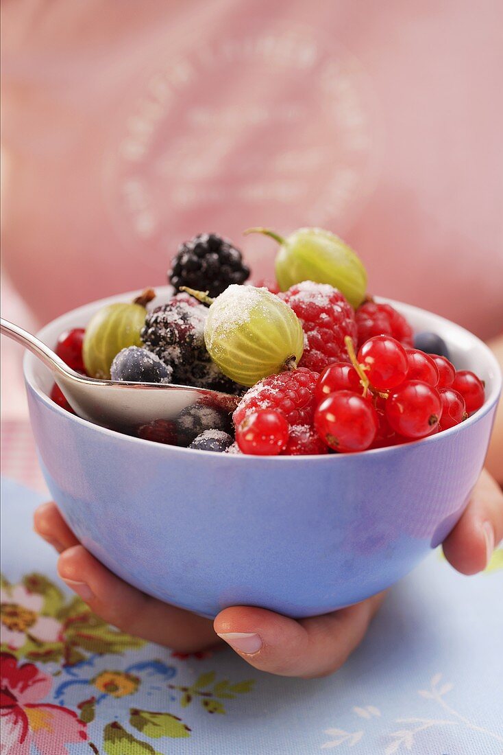Hand holding a bowl of sugared berries