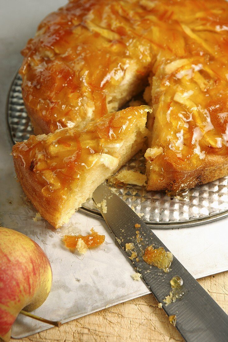 Apple cake, a piece cut