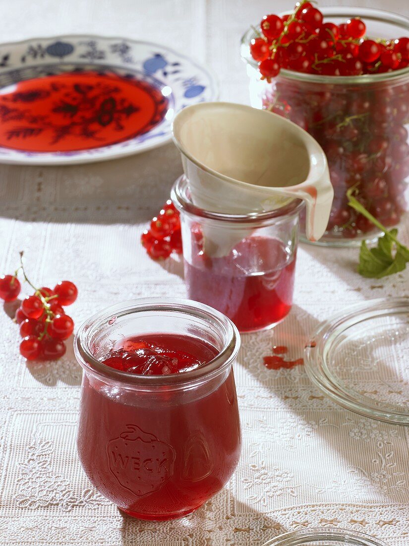 Redcurrant jelly in glasses and fresh redcurrants