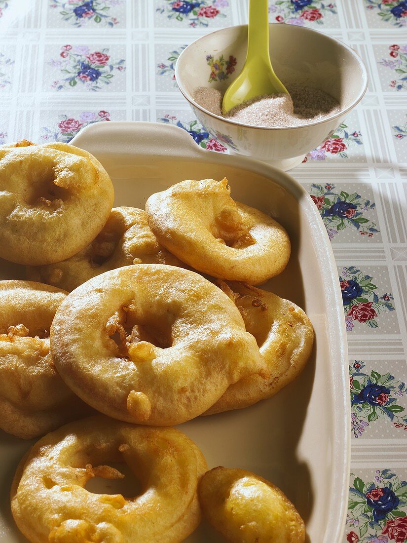 Deep-fried apple rings with cinnamon sugar