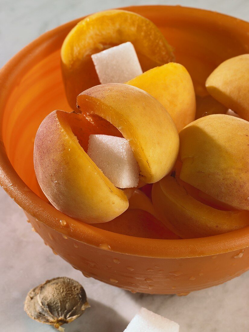 Apricots, filled with sugar cubes, in dish