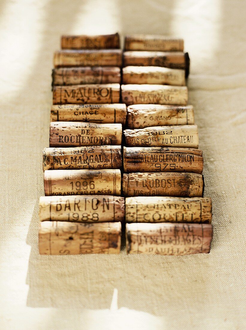 Various wine corks in two rows
