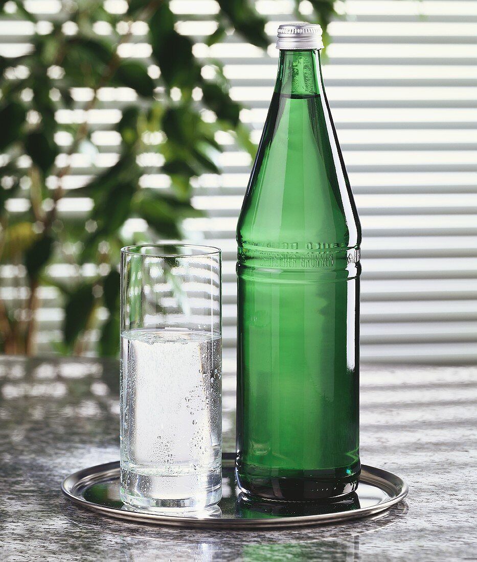 Mineralwasser in Glas und grüner Flasche auf Tablett