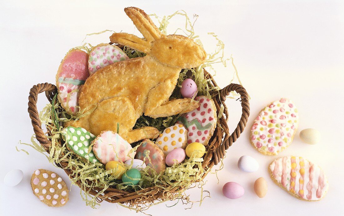 Easter basket with Easter Bunny and sugar eggs