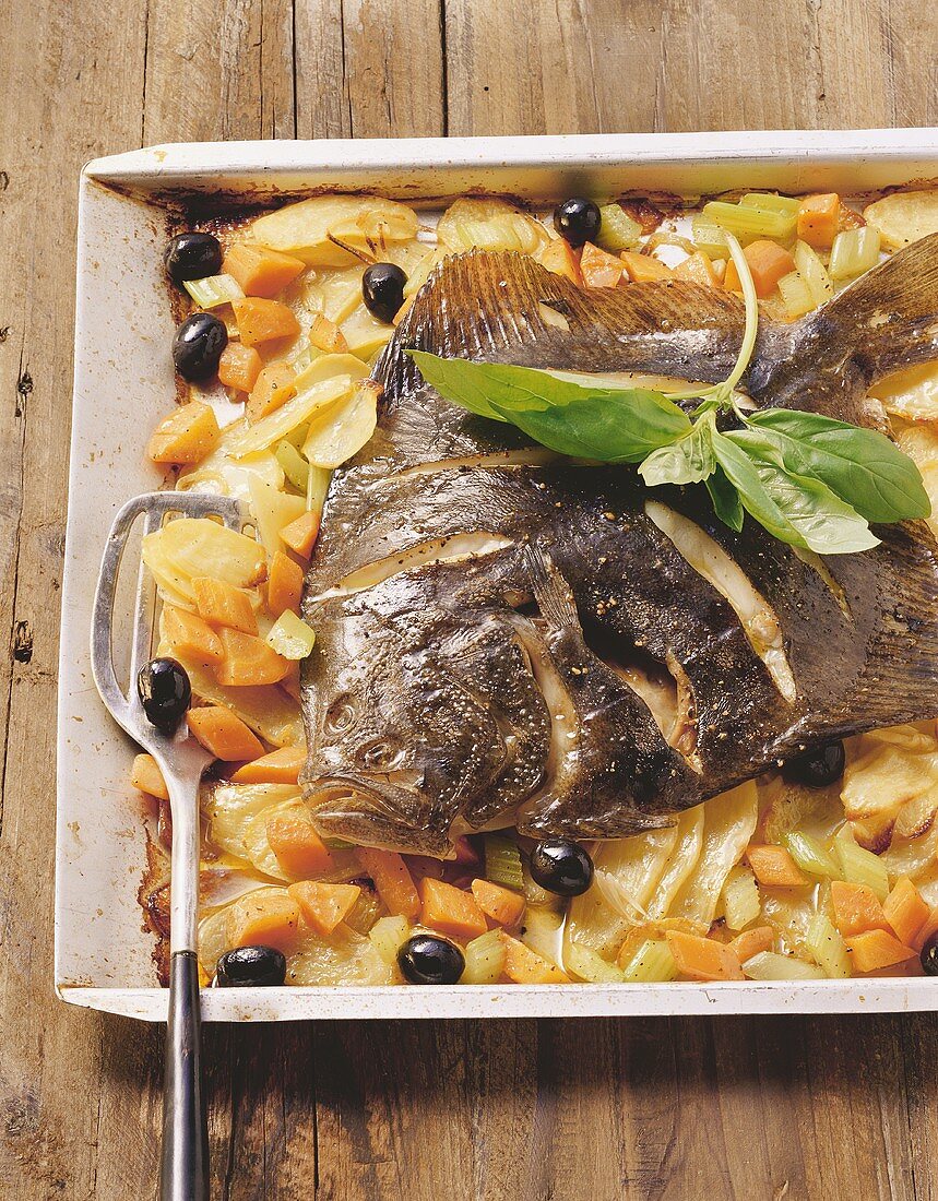 Rombo al forno (oven-baked turbot with vegetables, Italy)