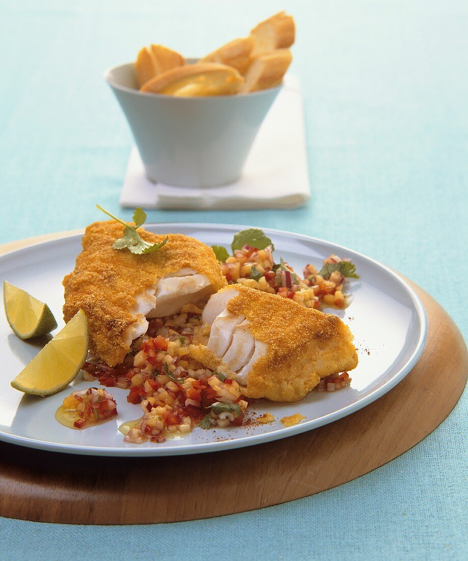 Breaded fish fillet with salsa