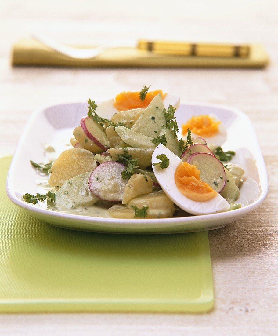 Potato salad with radishes, cucumber and egg